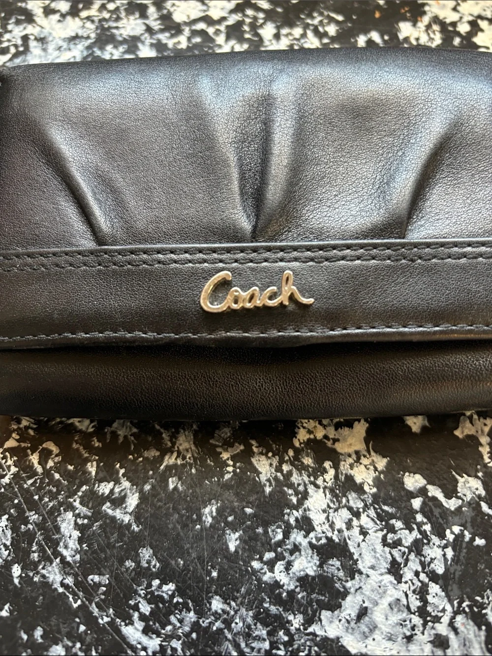 Coach SoHo Pleated Black Leather Wallet with Silver Logo